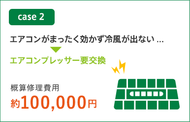 case2 エアコンがまったく聞かず冷風が出ない…→エアコンプレッサー要交換 概算修理費用約100,000円