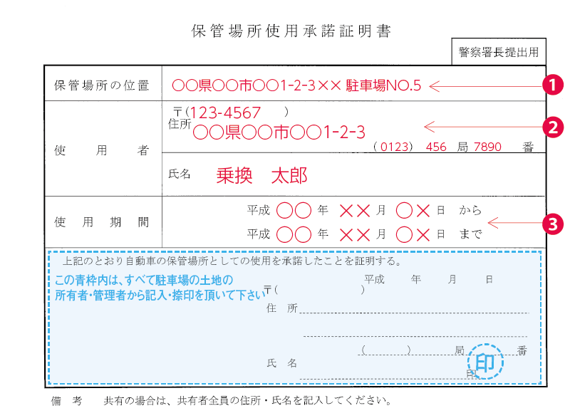 保管場所使用承諾証明書